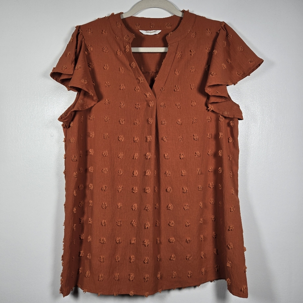 Fantaslook Burnt Orange Swiss Dot Flutter Sleeve V-Neck Blouse Top Size Large